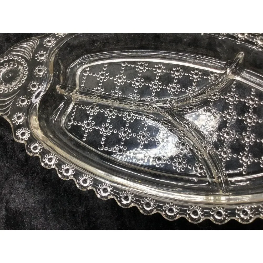 Mid Century Pressed Glass Divided Relish Tray Dish Daisy Chain Beaded Block